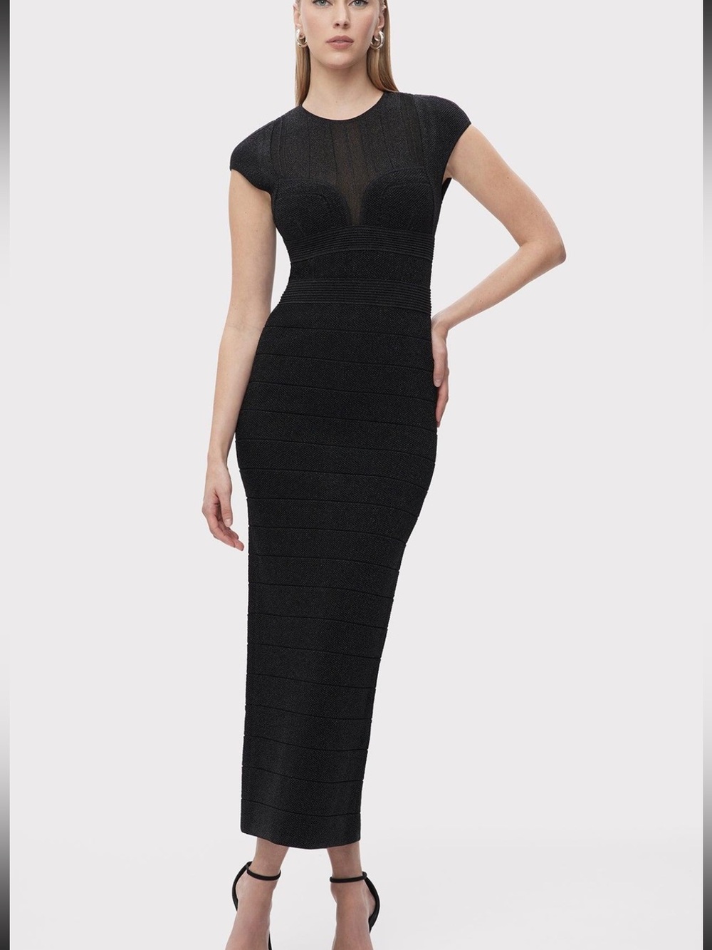 Hervé Léger Textured Sheer Bustier Gown Black Shimmer Bandage Maxi – XXS *Flaw*